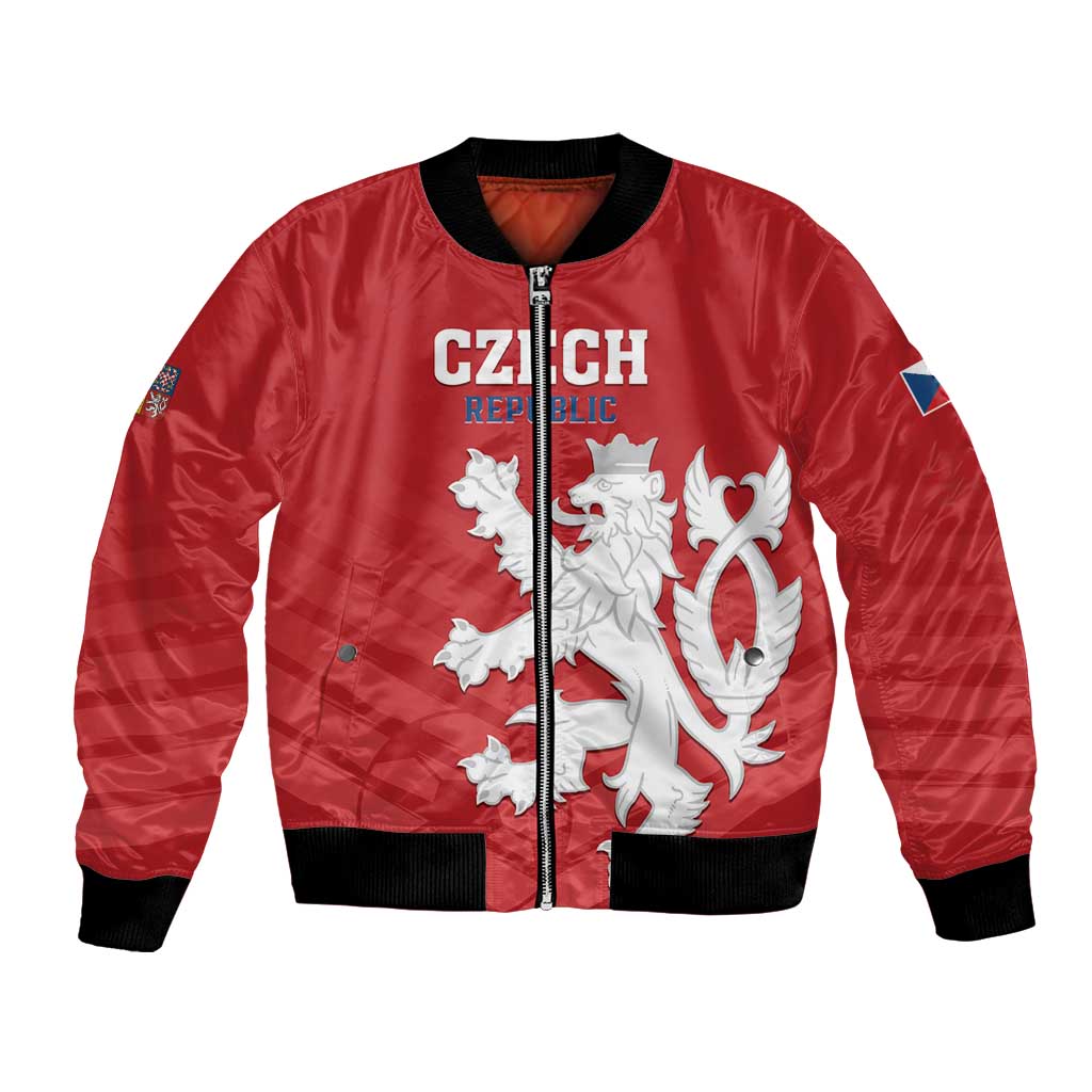 Red satin-look bomber jacket with black ribbed trim, full zip, Czech lion crest on front