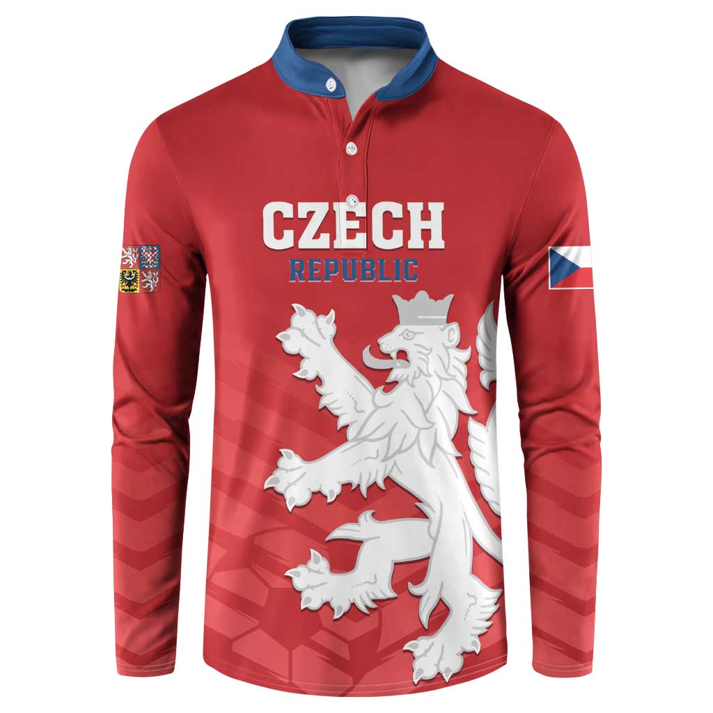 Red football button sweatshirt with blue collar, Czech Republic text and lion crest
