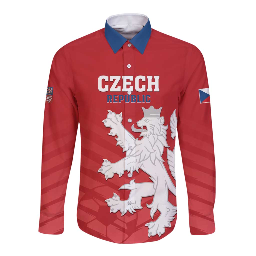 Red long-sleeve button football shirt with blue collar, Czech text and lion crest