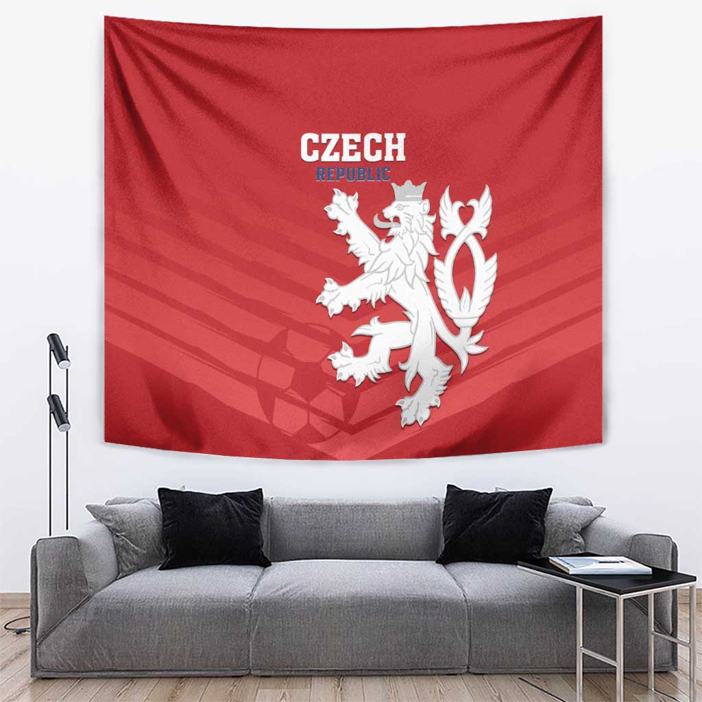 Red Czech Republic tapestry wall hanging with white lion crest and Czech text.