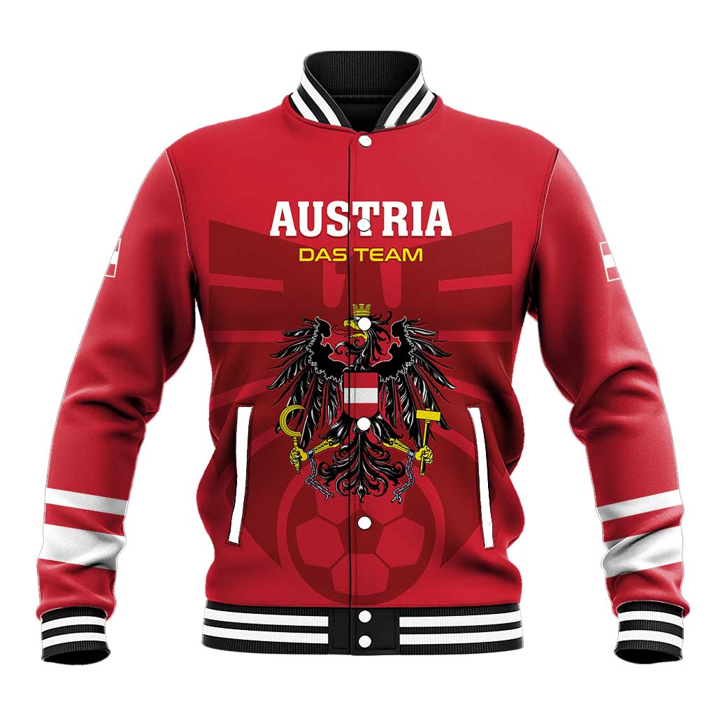 Red varsity-style football baseball jacket with striped collar and Austria crest front