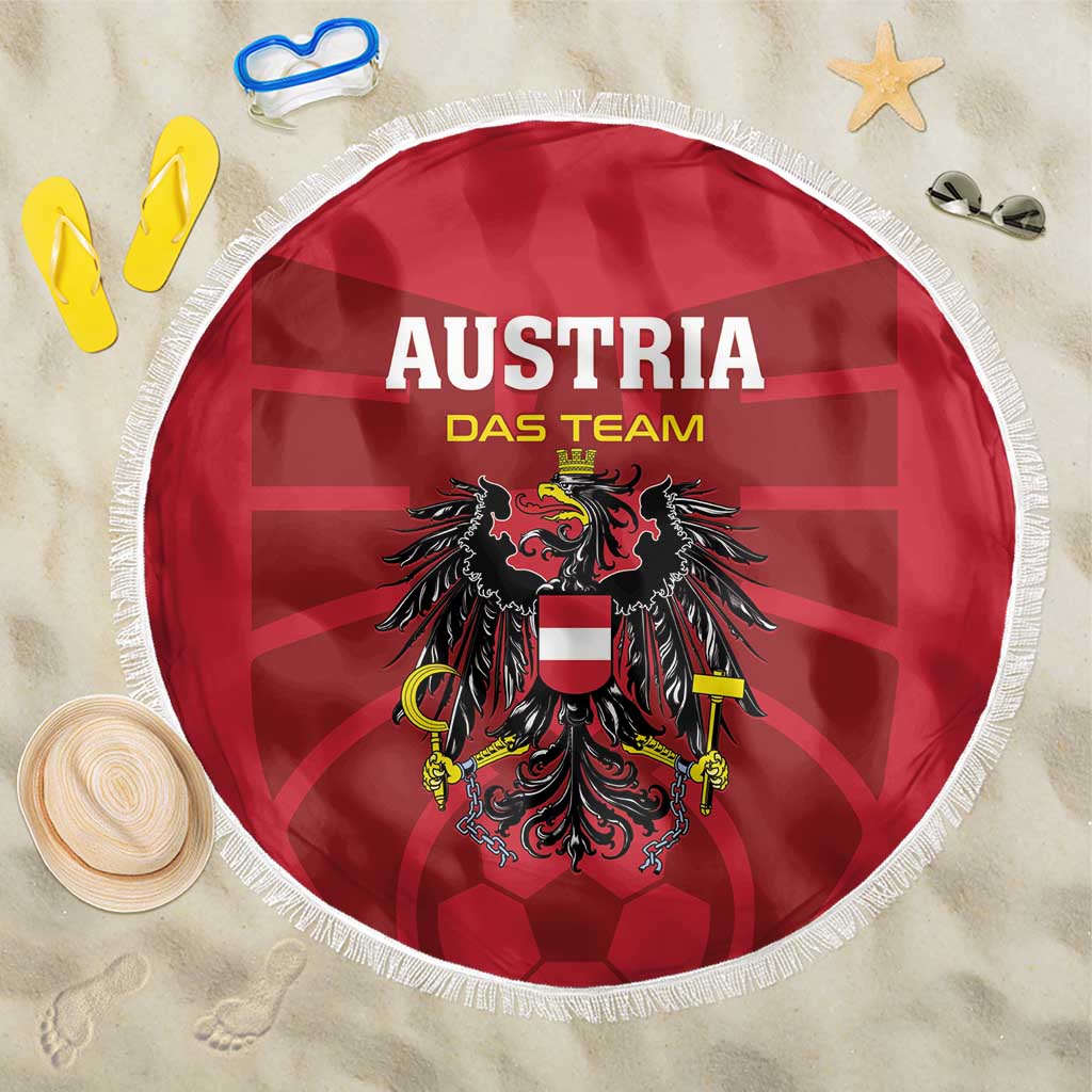 Red round football beach blanket with white fringe, Austria team crest