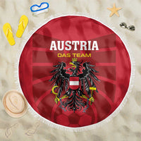 Red round football beach blanket with white fringe, Austria team crest