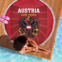 Red round football beach blanket with white fringe and Austria team logo