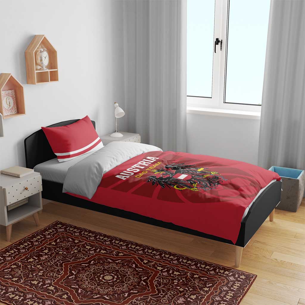 Red Austria football bedding set on a bed with matching pillows and crest artwork on duvet.