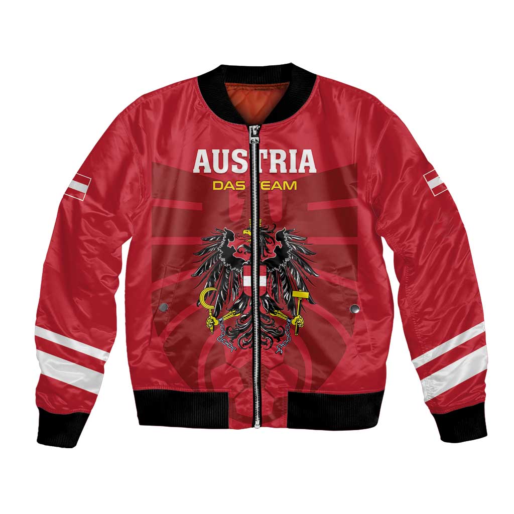 Red bomber jacket with black rib trim, zip front, Austria crest and white sleeve stripes