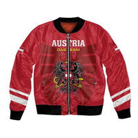 Red bomber jacket with black rib trim, zip front, Austria crest and white sleeve stripes