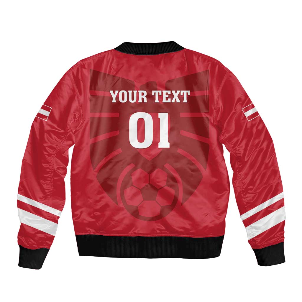 Red bomber jacket with black rib trim, back print '01', and white sleeve stripes