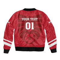 Red bomber jacket with black rib trim, back print '01', and white sleeve stripes