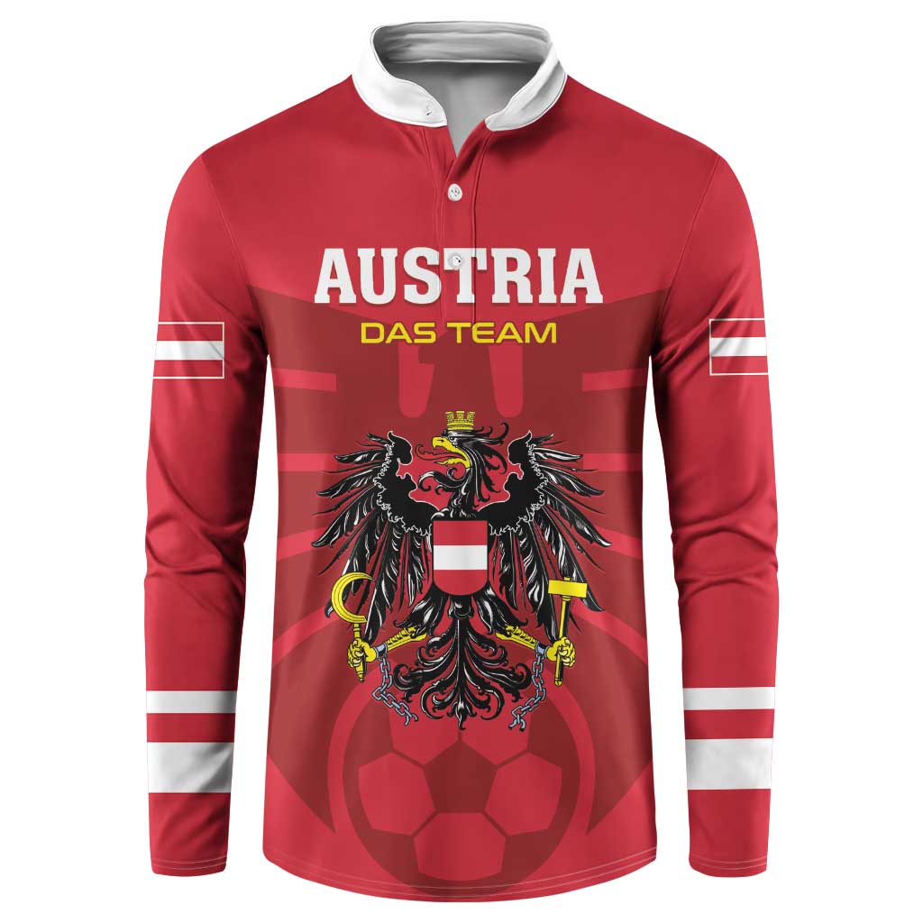 Red football button sweatshirt with white striped sleeves and Austria front crest graphic