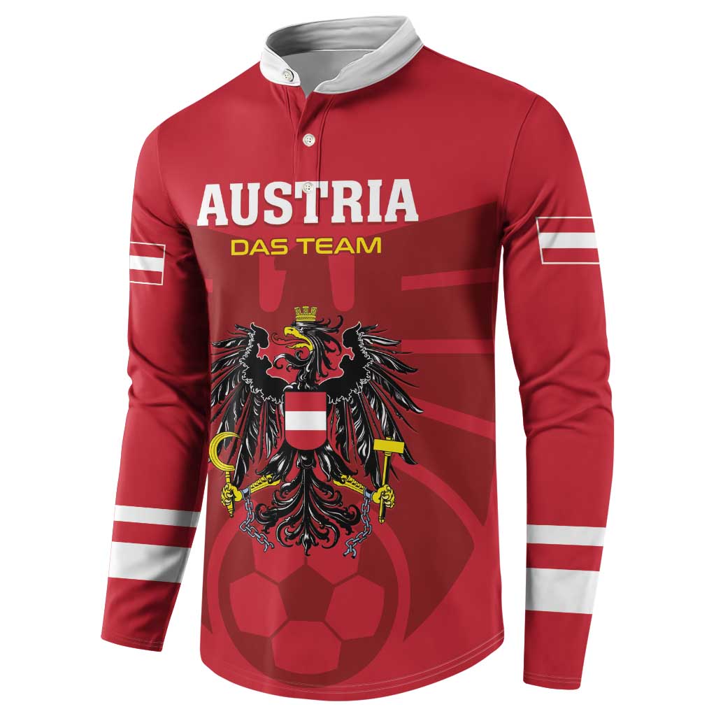 Red football button sweatshirt with Austria front text, lion crest, and white sleeve stripes