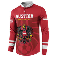 Red football button sweatshirt with Austria front text, lion crest, and white sleeve stripes