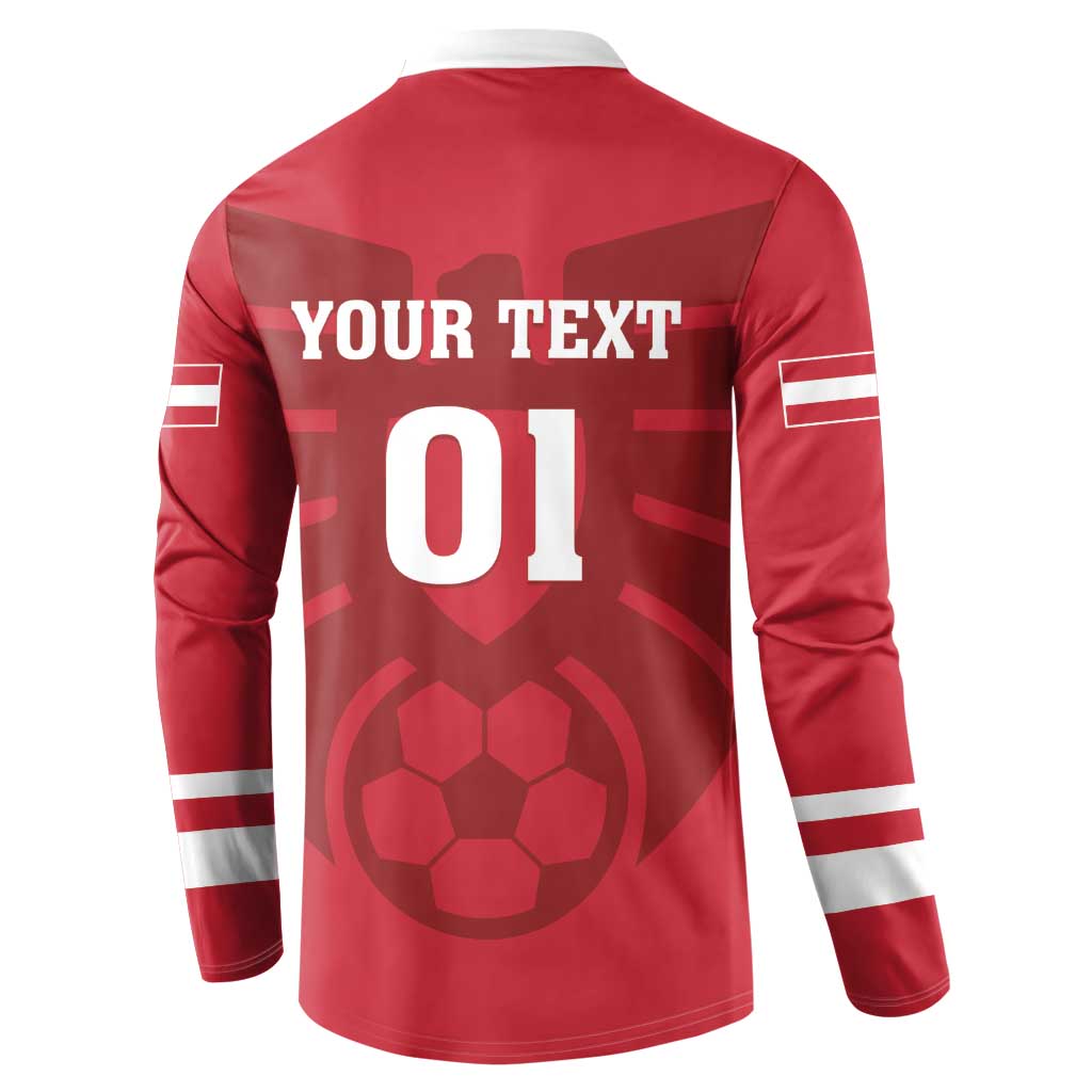 Red football button sweatshirt back view with YOUR TEXT and 01 number, white sleeve stripes