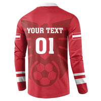 Red football button sweatshirt back view with YOUR TEXT and 01 number, white sleeve stripes