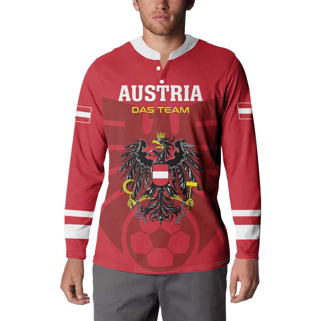 Red football button sweatshirt with henley collar, Austria das team text, and crest graphic