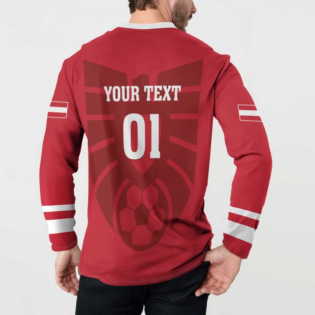 Red football button sweatshirt back view with YOUR TEXT 01 and heart soccer ball graphic