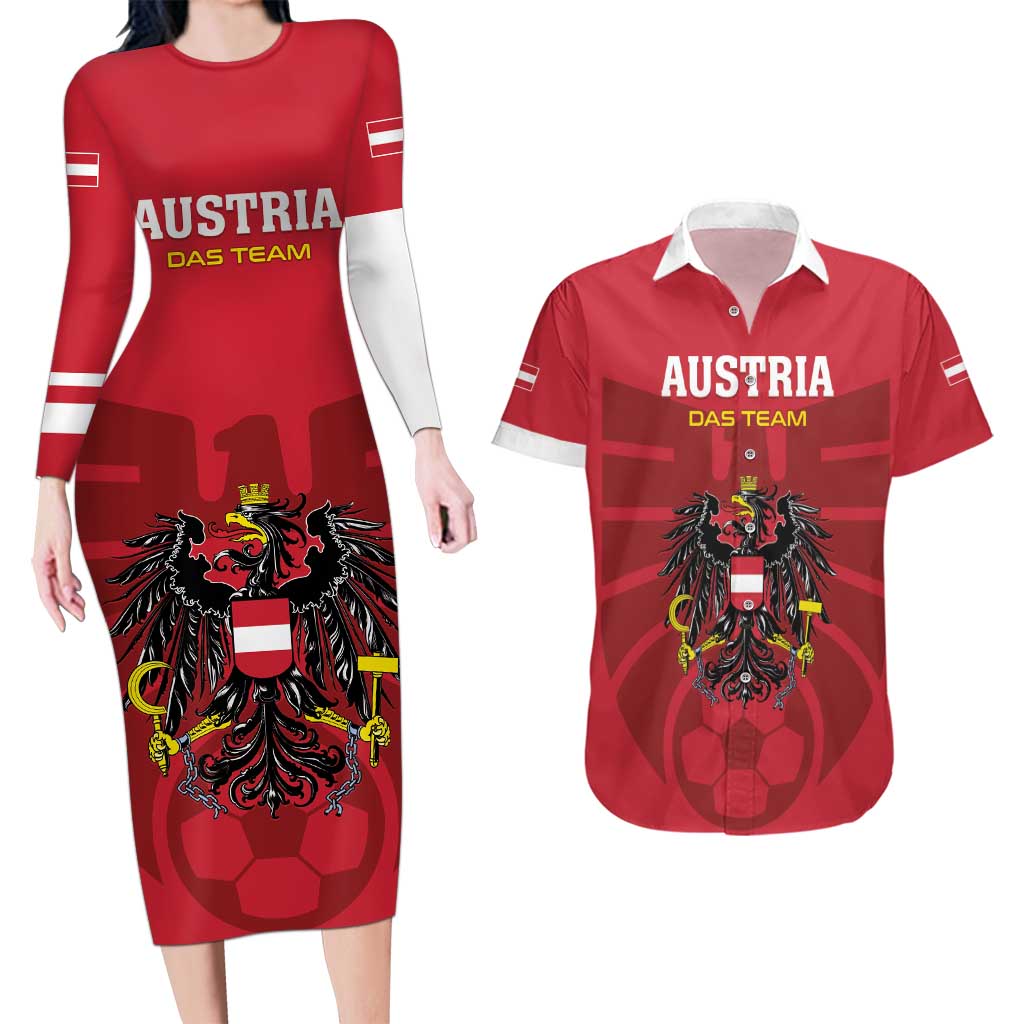 Custom Austria 2024 Football Couples Matching Long Sleeve Bodycon Dress and Hawaiian Shirt Das Team Go Champions - Wonder Print Shop