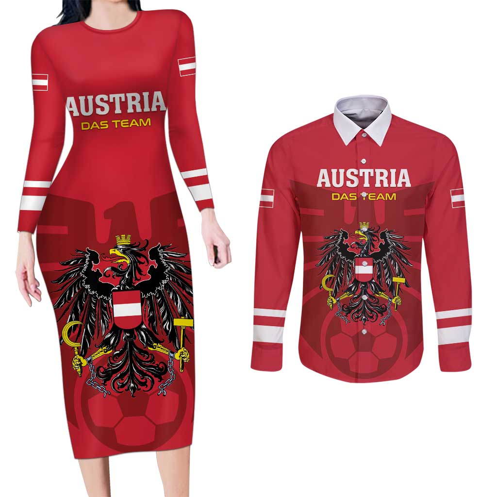 Custom Austria 2024 Football Couples Matching Long Sleeve Bodycon Dress and Long Sleeve Button Shirt Das Team Go Champions - Wonder Print Shop