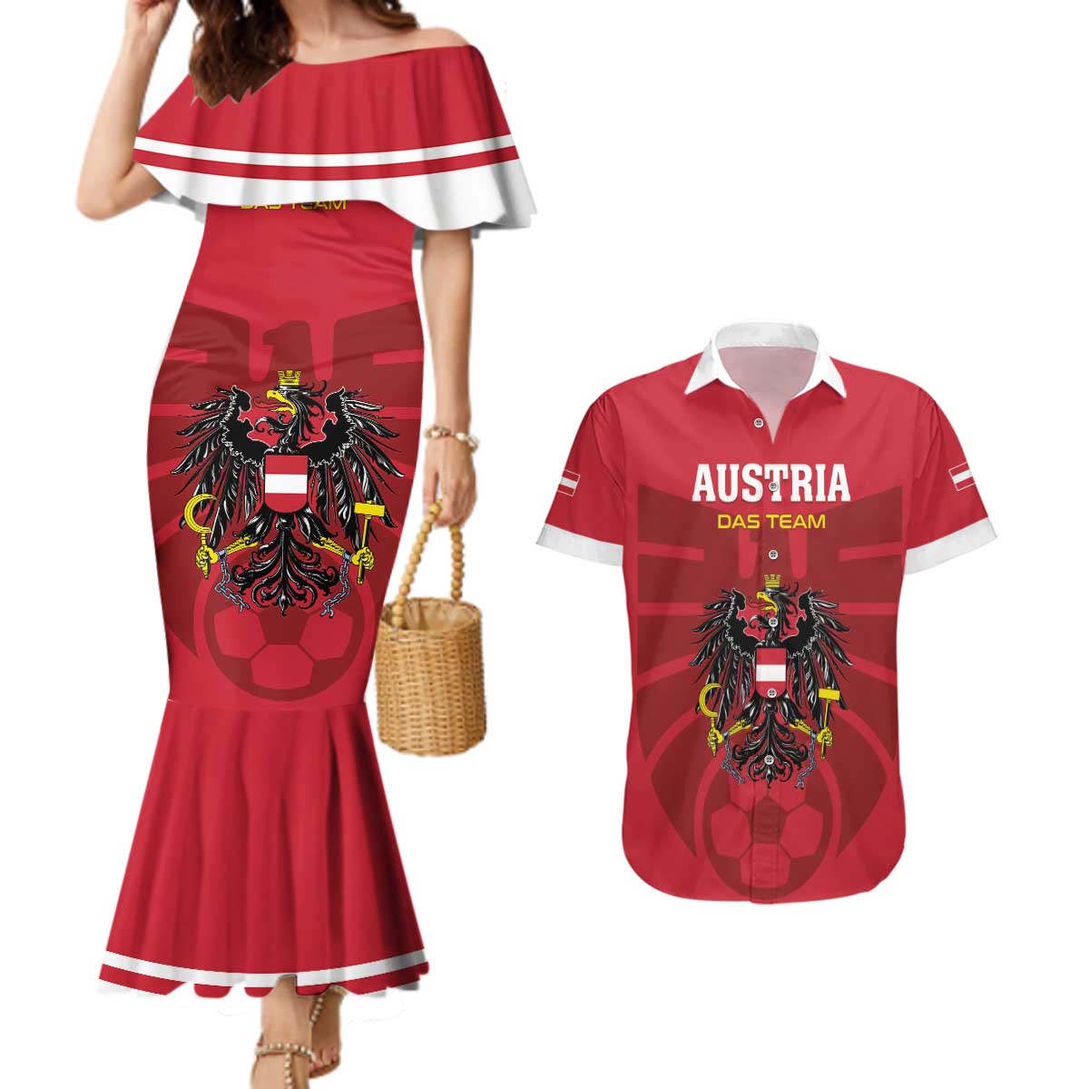 Custom Austria 2024 Football Couples Matching Mermaid Dress and Hawaiian Shirt Das Team Go Champions - Wonder Print Shop