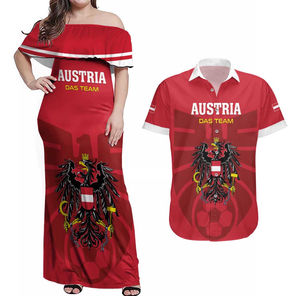 Custom Austria 2024 Football Couples Matching Off Shoulder Maxi Dress and Hawaiian Shirt Das Team Go Champions - Wonder Print Shop