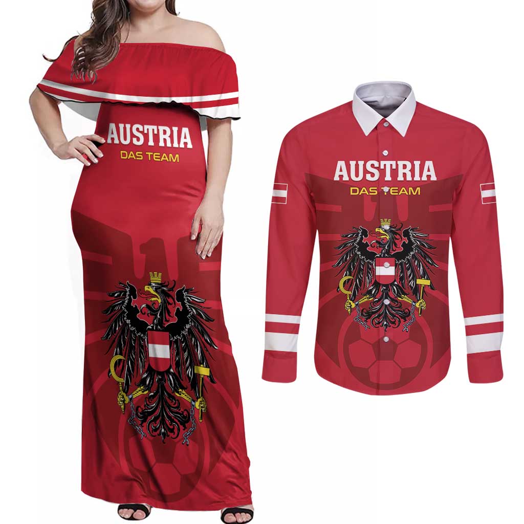 Custom Austria 2024 Football Couples Matching Off Shoulder Maxi Dress and Long Sleeve Button Shirt Das Team Go Champions - Wonder Print Shop