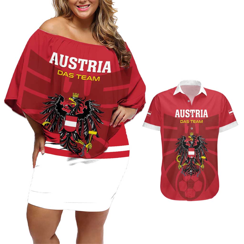 Custom Austria 2024 Football Couples Matching Off Shoulder Short Dress and Hawaiian Shirt Das Team Go Champions - Wonder Print Shop