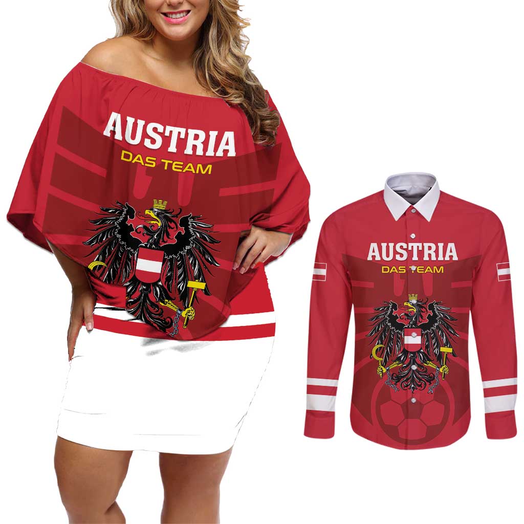 Custom Austria 2024 Football Couples Matching Off Shoulder Short Dress and Long Sleeve Button Shirt Das Team Go Champions - Wonder Print Shop