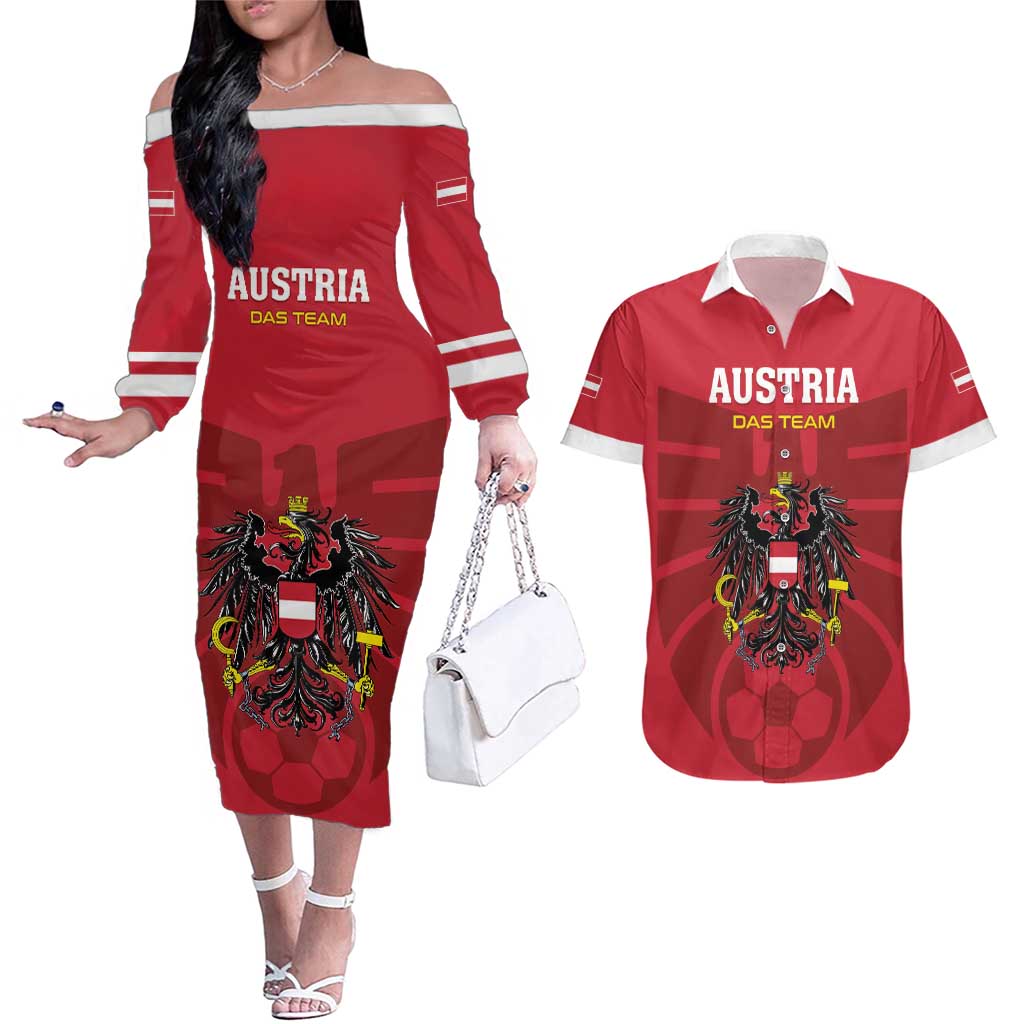 Custom Austria 2024 Football Couples Matching Off The Shoulder Long Sleeve Dress and Hawaiian Shirt Das Team Go Champions - Wonder Print Shop