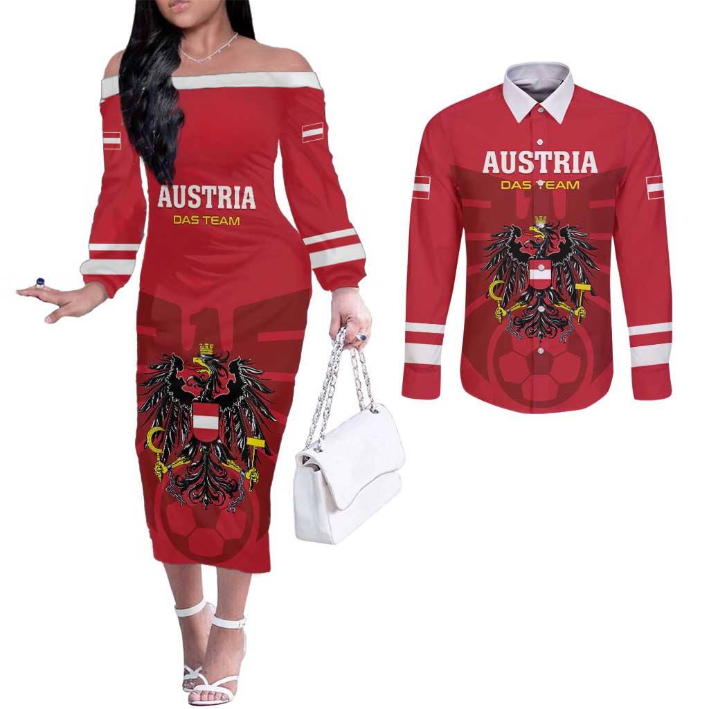 Custom Austria 2024 Football Couples Matching Off The Shoulder Long Sleeve Dress and Long Sleeve Button Shirt Das Team Go Champions