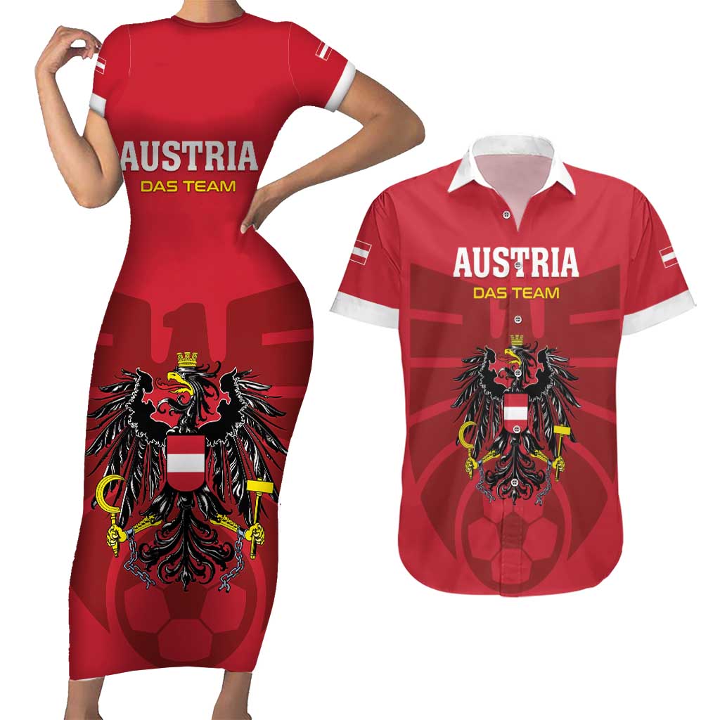 Custom Austria 2024 Football Couples Matching Short Sleeve Bodycon Dress and Hawaiian Shirt Das Team Go Champions - Wonder Print Shop