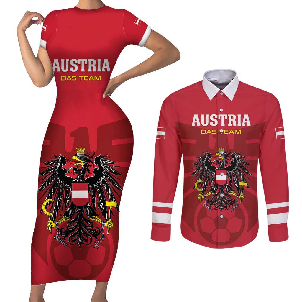 Custom Austria 2024 Football Couples Matching Short Sleeve Bodycon Dress and Long Sleeve Button Shirt Das Team Go Champions - Wonder Print Shop