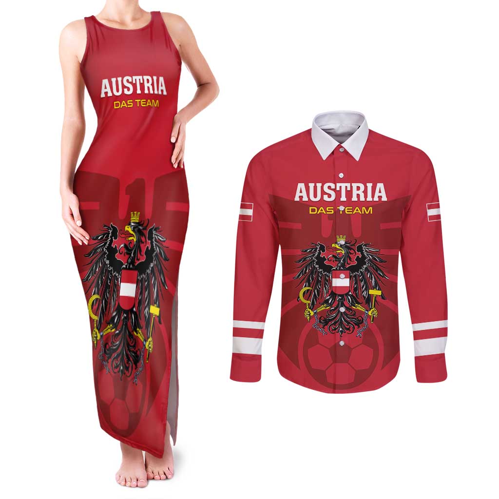 Custom Austria 2024 Football Couples Matching Tank Maxi Dress and Long Sleeve Button Shirt Das Team Go Champions - Wonder Print Shop