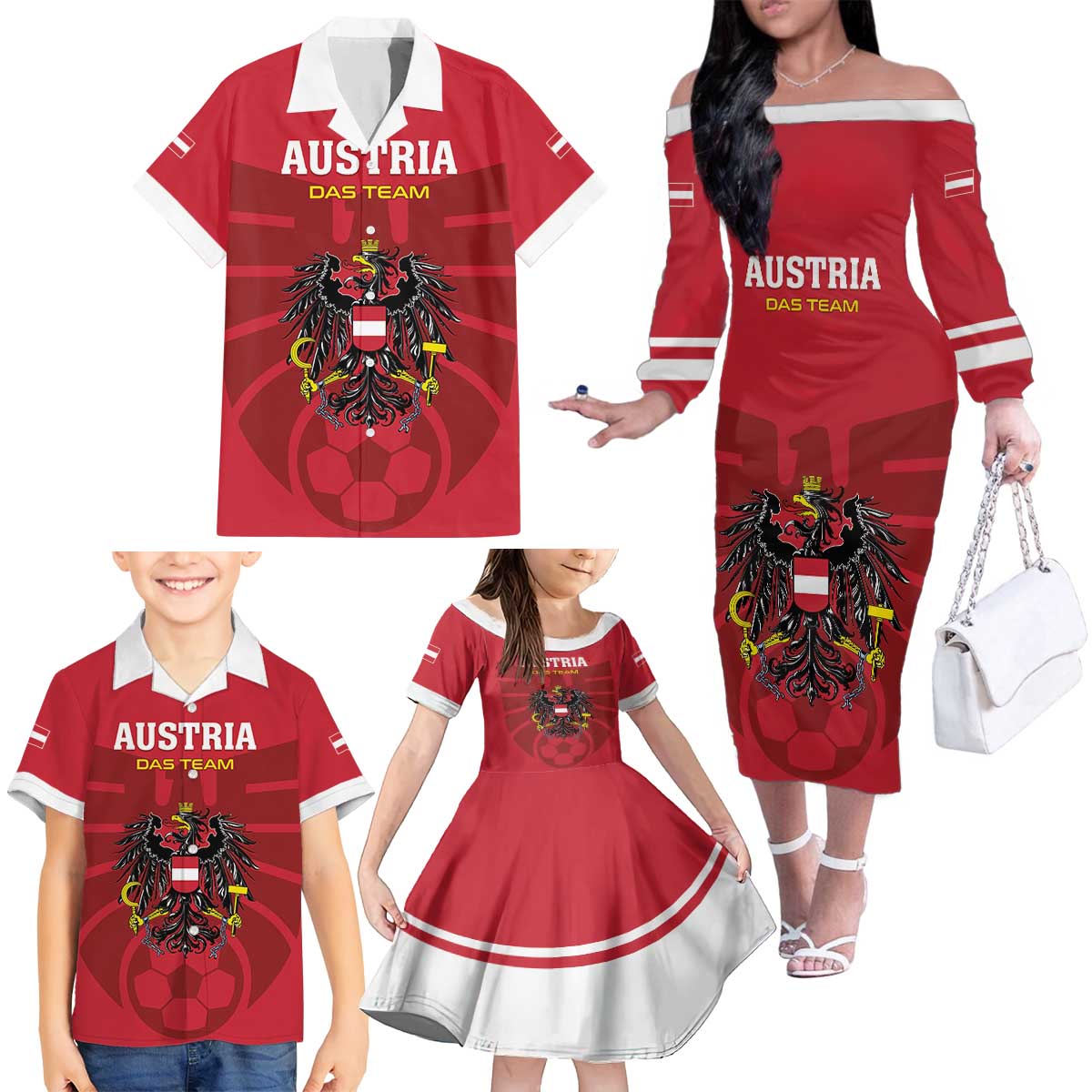 Custom Austria 2024 Football Family Matching Off The Shoulder Long Sleeve Dress and Hawaiian Shirt Das Team Go Champions - Wonder Print Shop