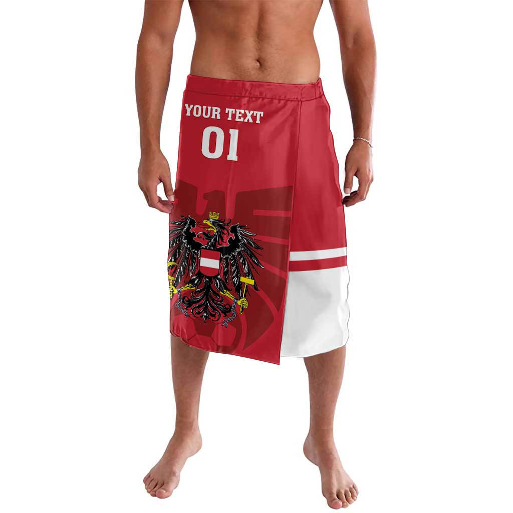 Red lavalava skirt with white side stripe, crest graphic, and YOUR TEXT 01