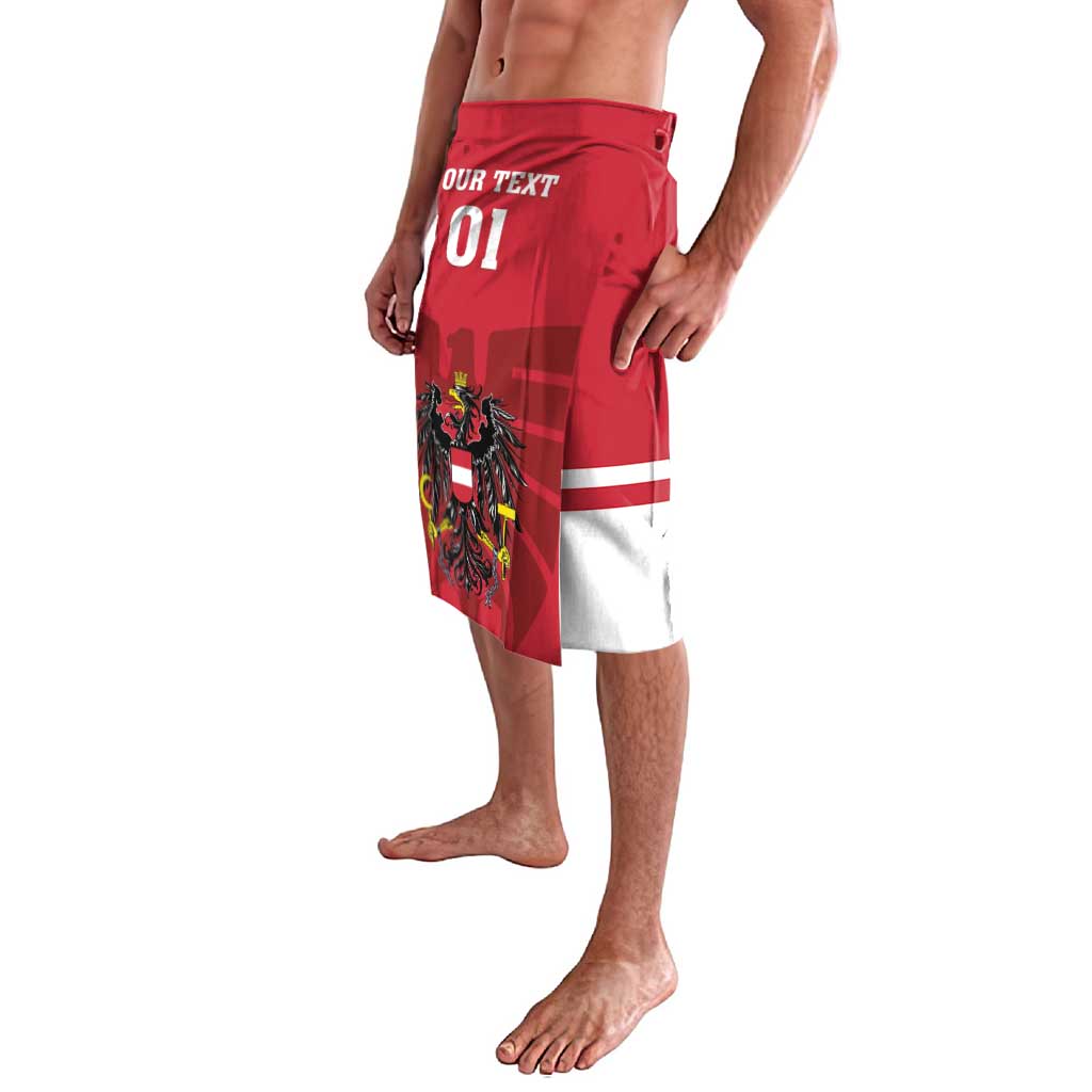 Red lavalava with crest graphic, YOUR TEXT 01, and white hem stripe