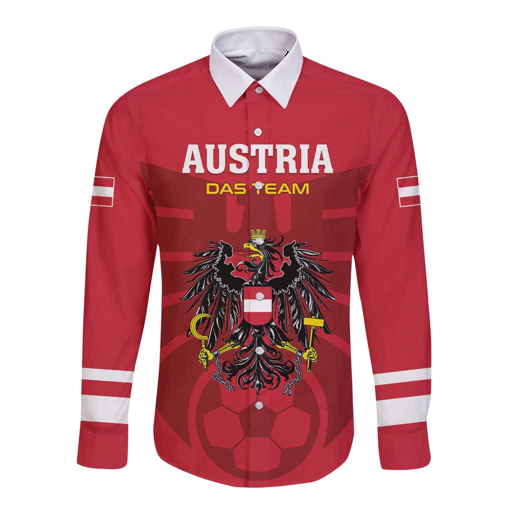 Red long-sleeve football button shirt with Austria crest and graphic, white sleeve stripes