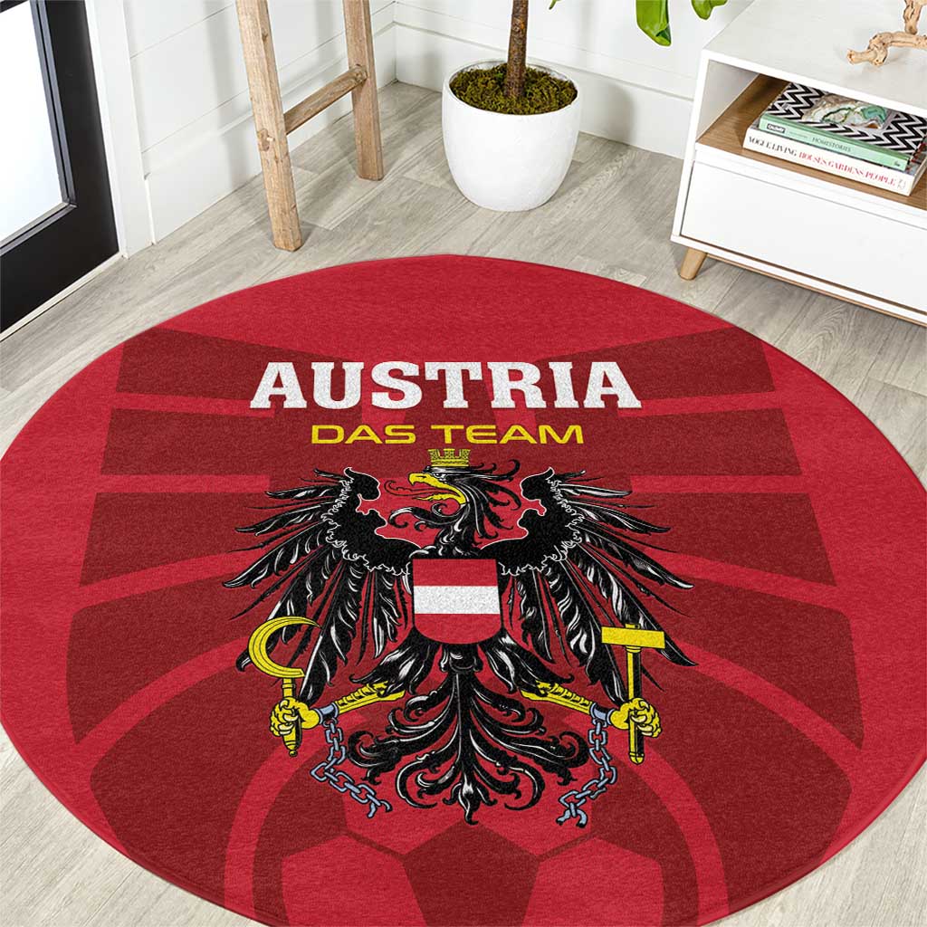 Red round Austria football rug with central coat of arms and "AUSTRIA DAS TEAM" text