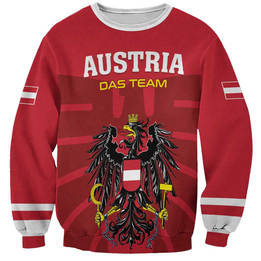 Red crewneck football sweatshirt with Austria front graphic and lion crest