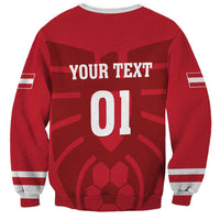 Red crewneck football sweatshirt with back text 'YOUR TEXT' and number 01