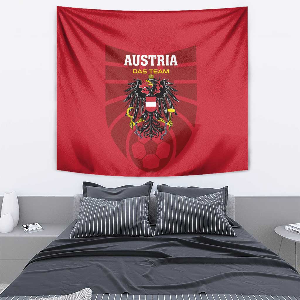 Red Austria football team tapestry hanging above bed, with crest and AUSTRIA text