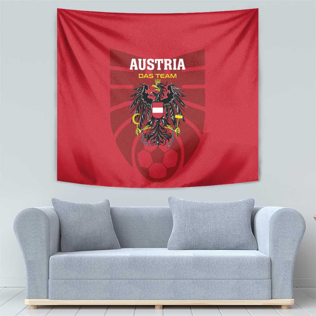 Red Austria football team tapestry on plain wall, crest with AUSTRIA and DAS TEAM