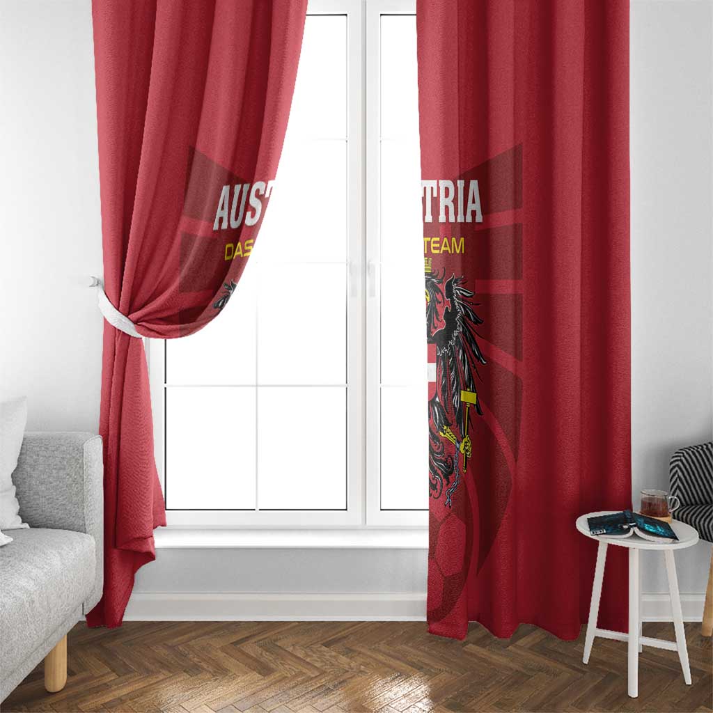 Red Austria football window curtain panels framing a white door and showing eagle logo