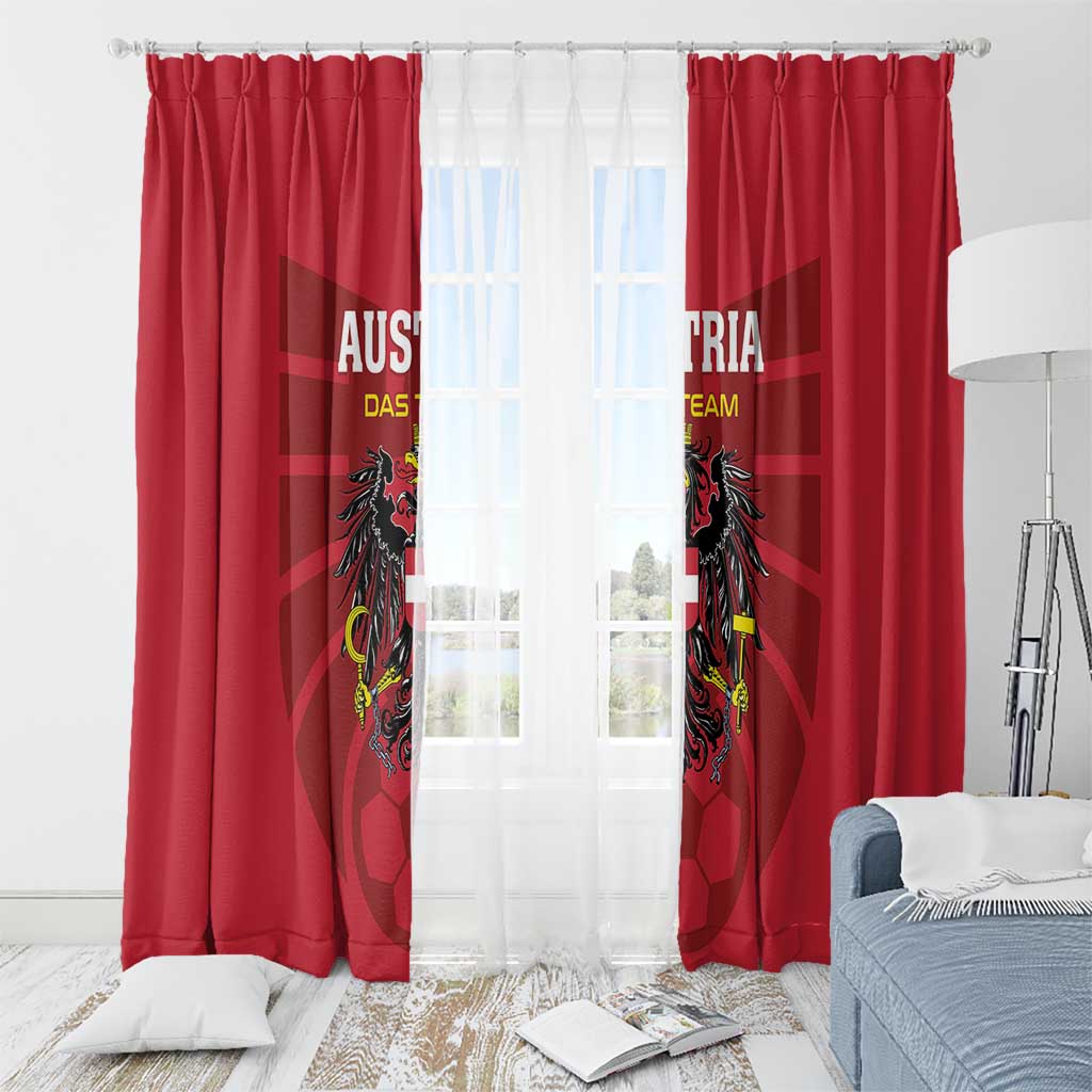 Red Austria football window curtain panels with eagle crest, open center with sheer behind