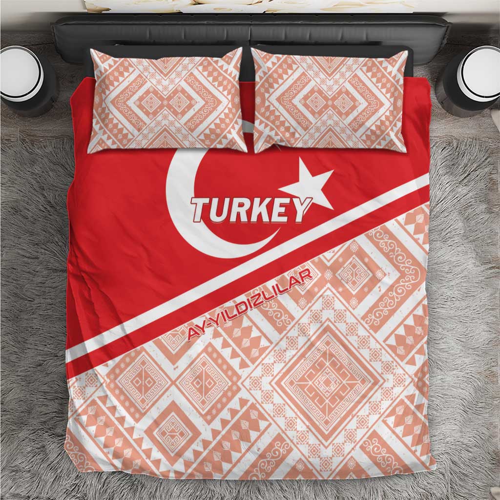 Red Turkey-themed football bedding set with white crescent, star, and logo on top sheet