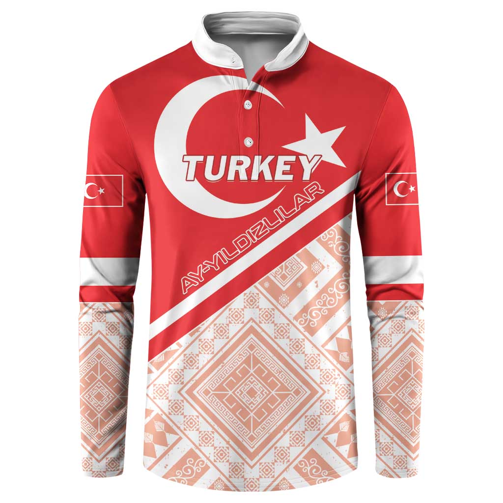 Red football button sweatshirt with white TURKEY logo and long patterned sleeves