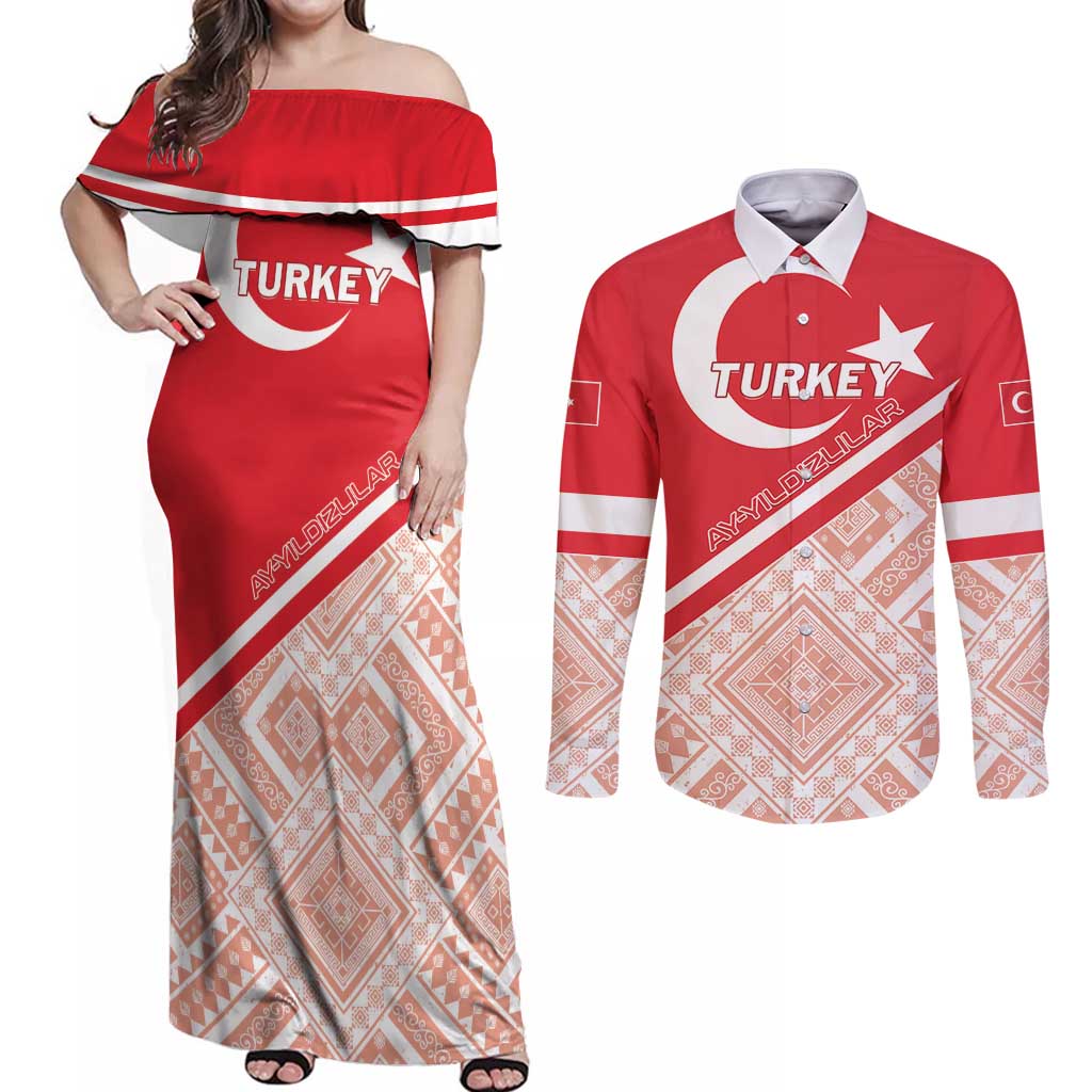 Custom Turkey 2024 Football Couples Matching Off Shoulder Maxi Dress and Long Sleeve Button Shirt Ay Yldzllar Biz Bitti Demeden Bitmez - Wonder Print Shop