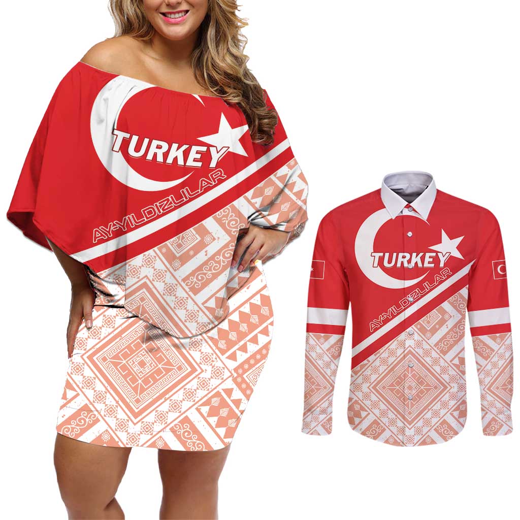 Custom Turkey 2024 Football Couples Matching Off Shoulder Short Dress and Long Sleeve Button Shirt Ay Yldzllar Biz Bitti Demeden Bitmez - Wonder Print Shop