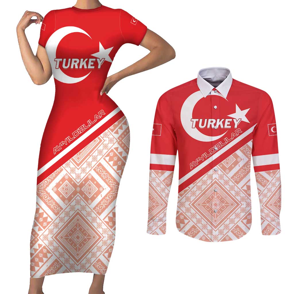 Custom Turkey 2024 Football Couples Matching Short Sleeve Bodycon Dress and Long Sleeve Button Shirt Ay Yldzllar Biz Bitti Demeden Bitmez - Wonder Print Shop