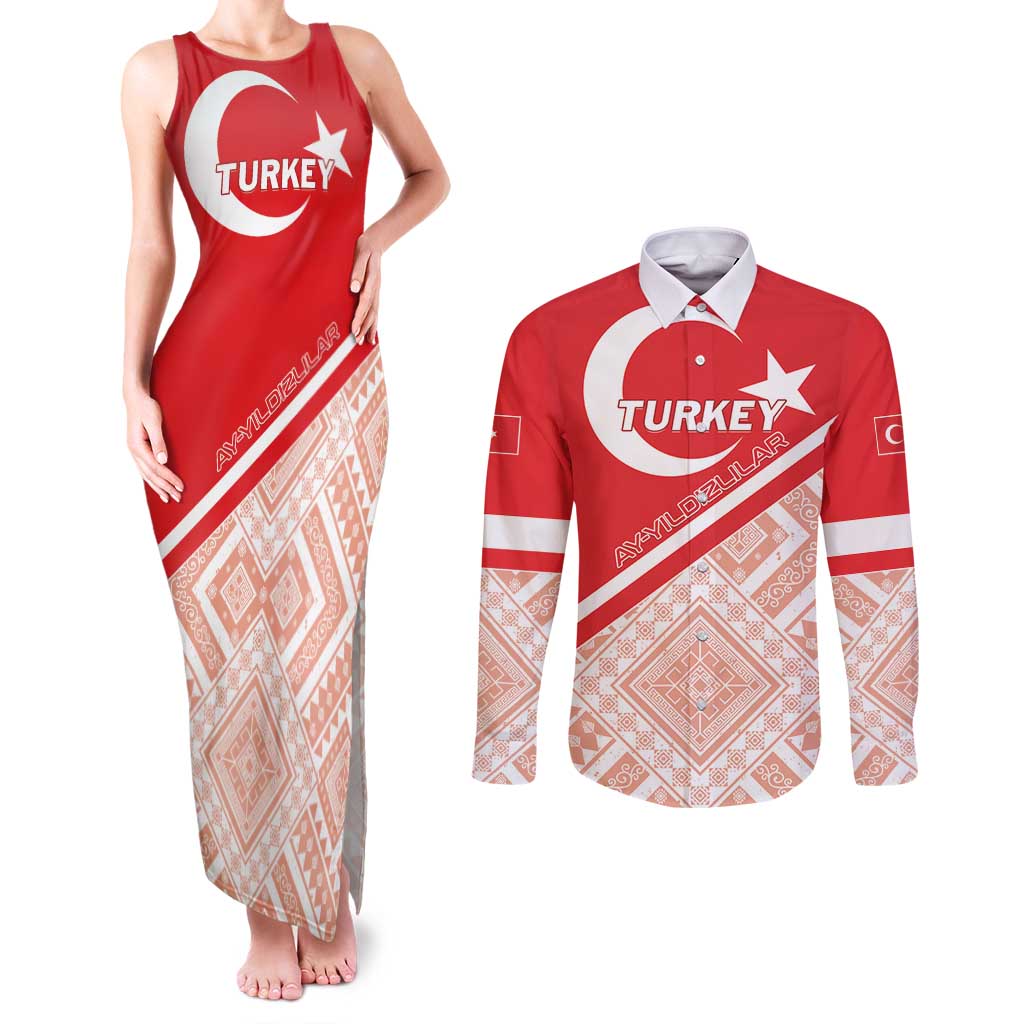 Custom Turkey 2024 Football Couples Matching Tank Maxi Dress and Long Sleeve Button Shirt Ay Yldzllar Biz Bitti Demeden Bitmez - Wonder Print Shop