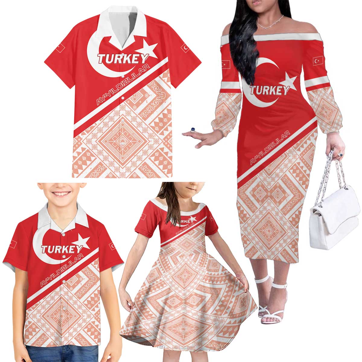 Custom Turkey 2024 Football Family Matching Off The Shoulder Long Sleeve Dress and Hawaiian Shirt Ay Yldzllar Biz Bitti Demeden Bitmez - Wonder Print Shop